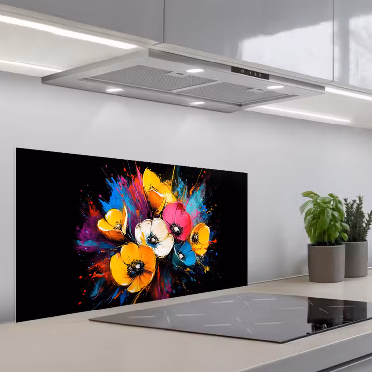 Bloemen - Kleurrijk - Graffiti - Modern - Boeket keuken achterwand spatscherm middel -3d_schuin