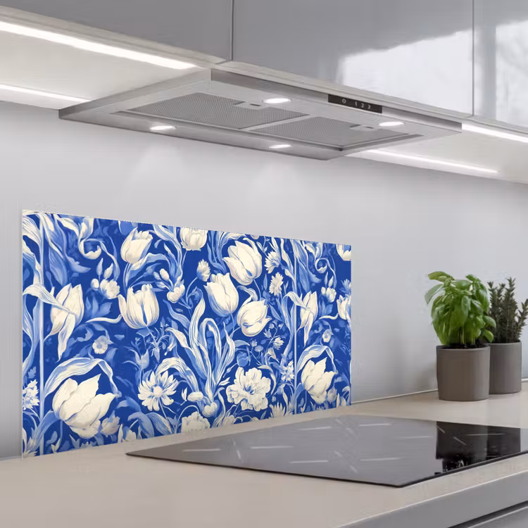 Bloemen - Delfts Blauw - Patroon - Tulp keuken achterwand spatscherm middel -3d_schuin