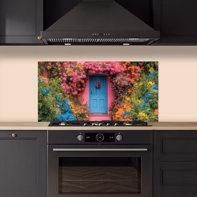 Bloemen - Deur - Roze keuken achterwand spatscherm middel -sfeer1