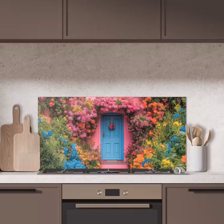 Bloemen - Deur - Roze keuken achterwand spatscherm middel -sfeer2
