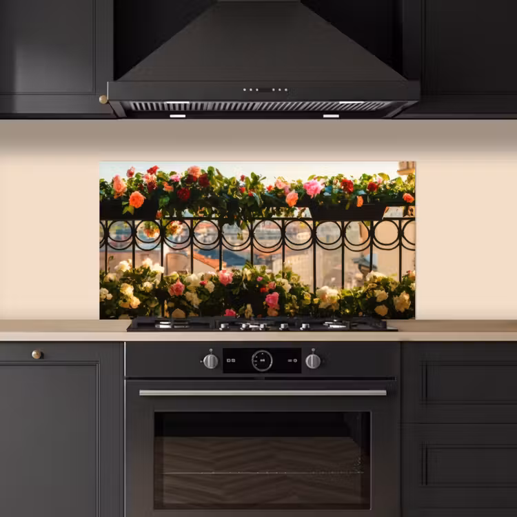 Bloemen - Hek - Stadszicht - Zomer keuken achterwand spatscherm middel -sfeer1