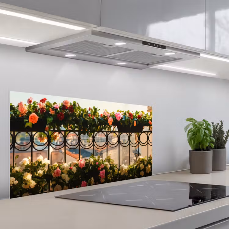Bloemen - Hek - Stadszicht - Zomer keuken achterwand spatscherm middel -3d_schuin