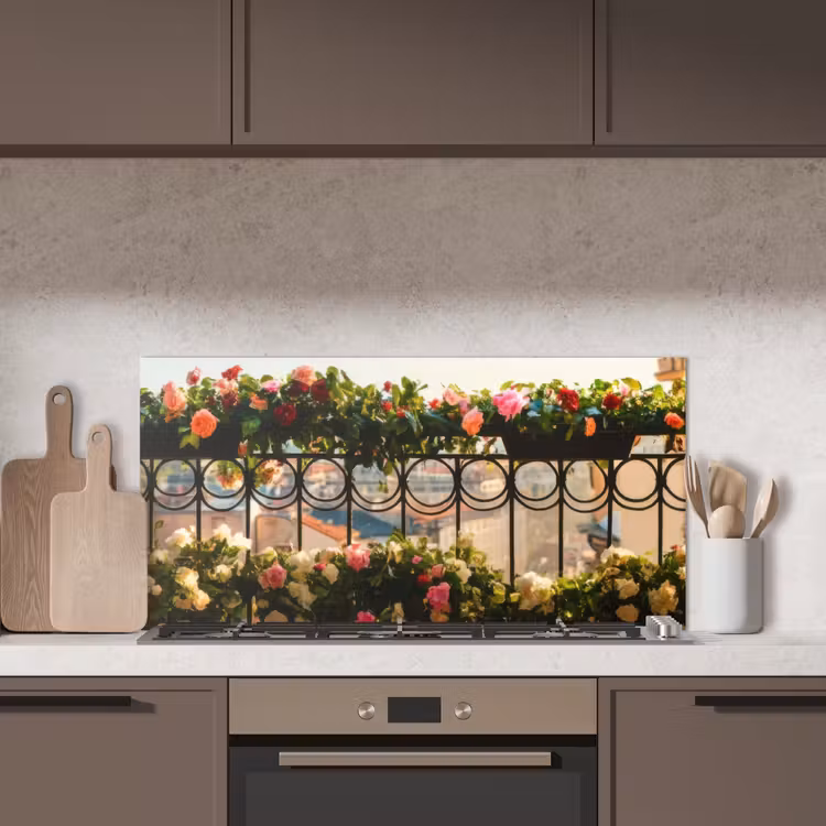 Bloemen - Hek - Stadszicht - Zomer keuken achterwand spatscherm middel -sfeer2