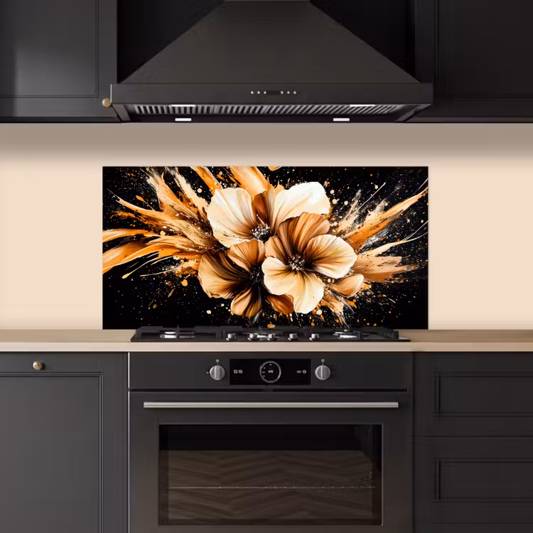 Bloemen - Goud - Graffiti - Zwart - Abstract keuken achterwand spatscherm middel -sfeer1