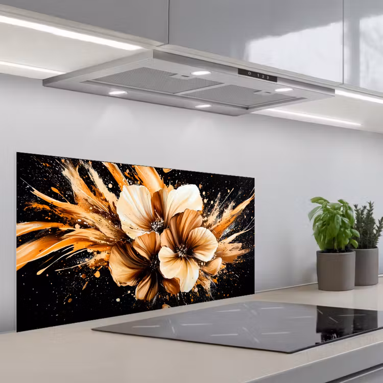Bloemen - Goud - Graffiti - Zwart - Abstract keuken achterwand spatscherm middel -3d_schuin