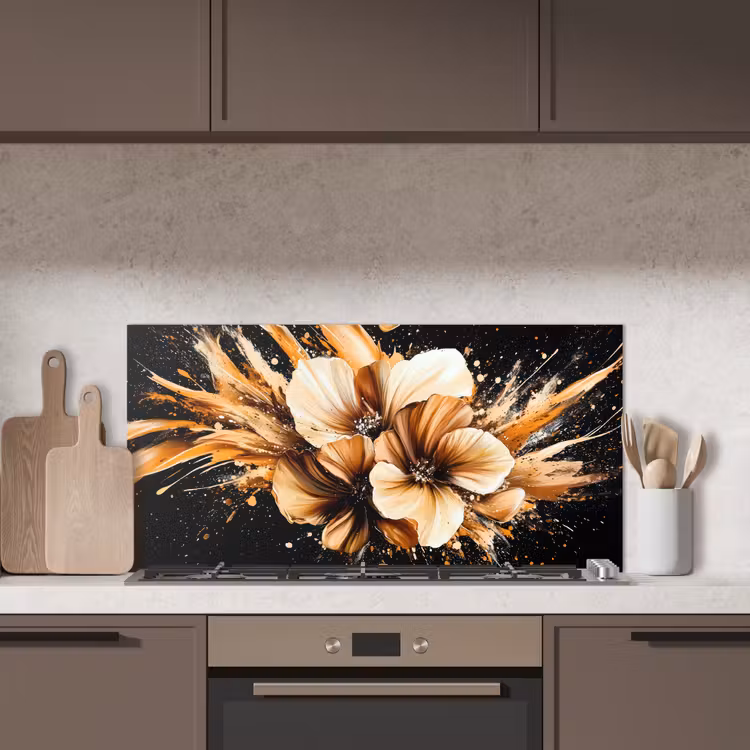 Bloemen - Goud - Graffiti - Zwart - Abstract keuken achterwand spatscherm middel -sfeer2