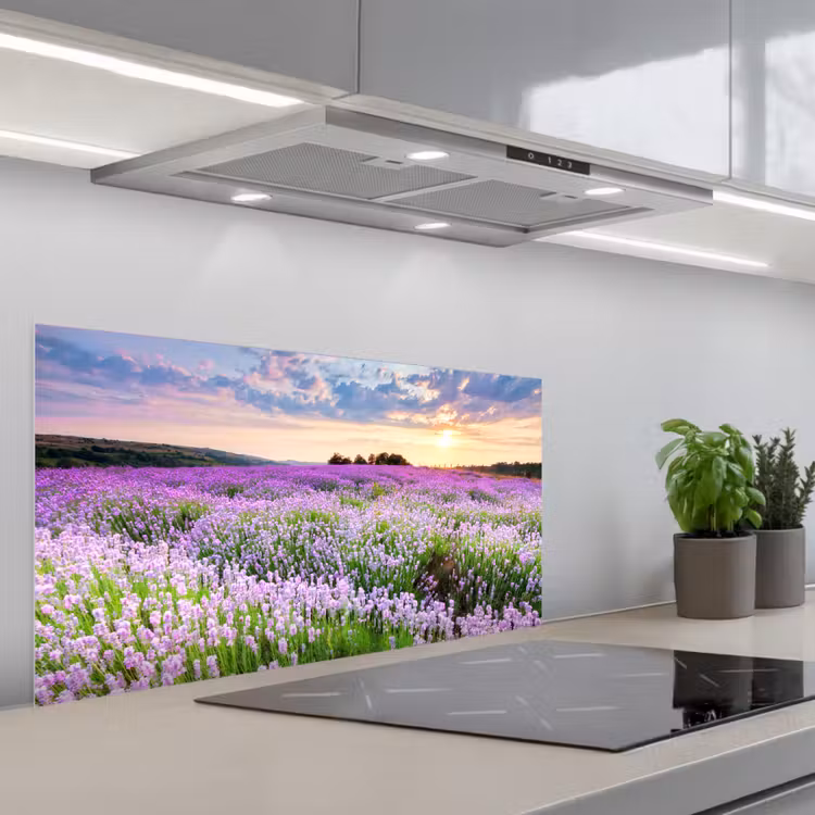 Bloemen - Lavendel - Paars - Lucht - Zonsondergang - Weide - Natuur keuken achterwand spatscherm middel -3d_schuin