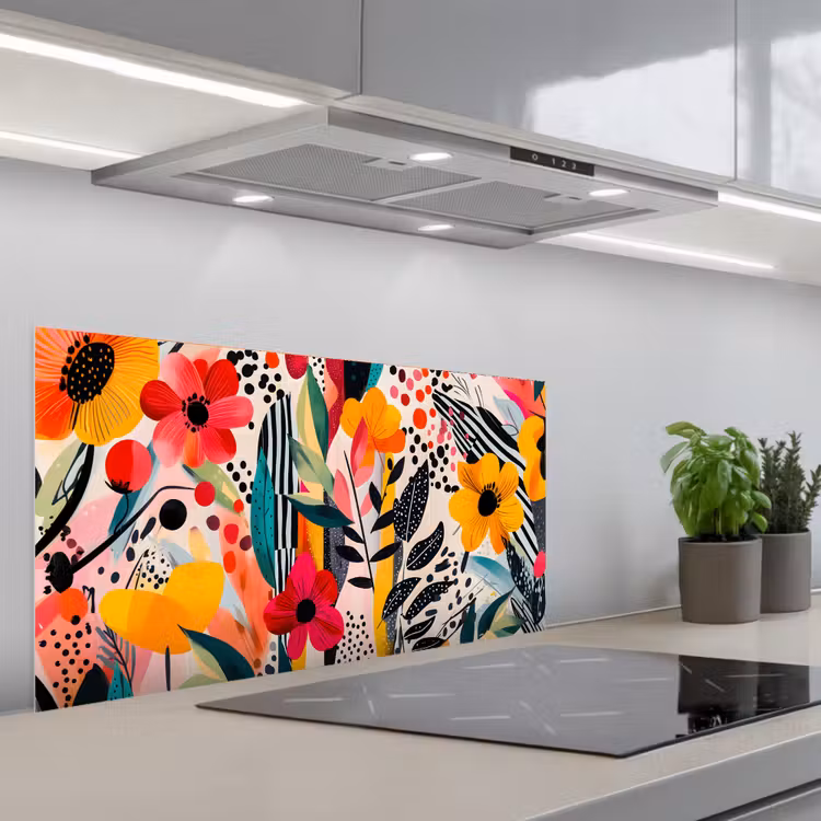 Bloemen - Bladeren - Abstract - Kleurrijk keuken achterwand spatscherm middel -3d_schuin