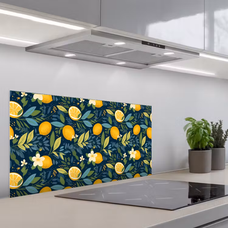 Bloemen - Bladeren - Citroenen - Blauw keuken achterwand spatscherm middel 899 -3d_schuin