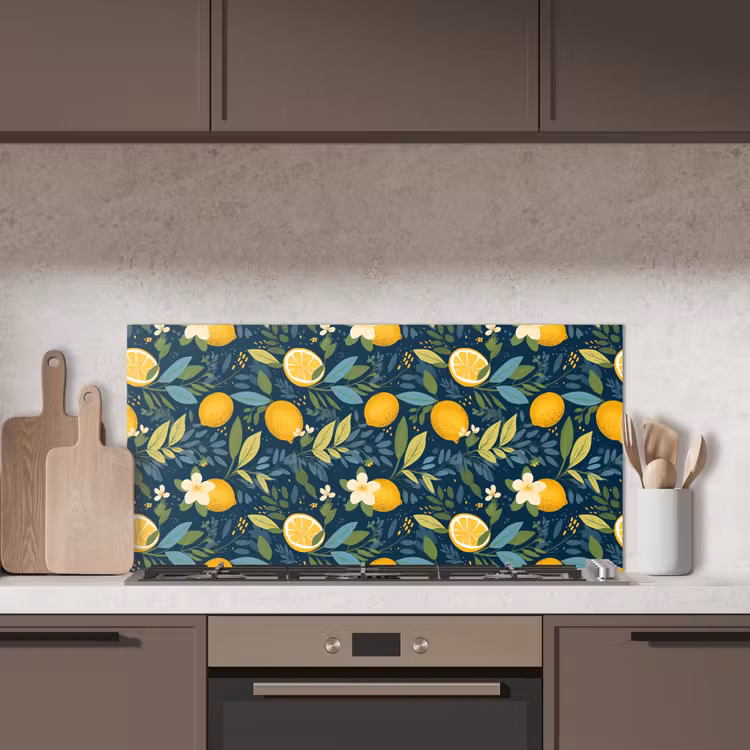 Bloemen - Bladeren - Citroenen - Blauw keuken achterwand spatscherm middel 899 -sfeer2