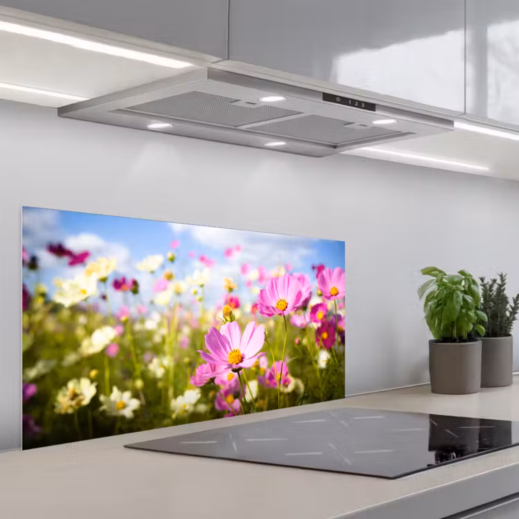 Bloemen - Wei - Paars - Gras - Wit - Wolken - Blauw keuken achterwand spatscherm middel -3d_schuin