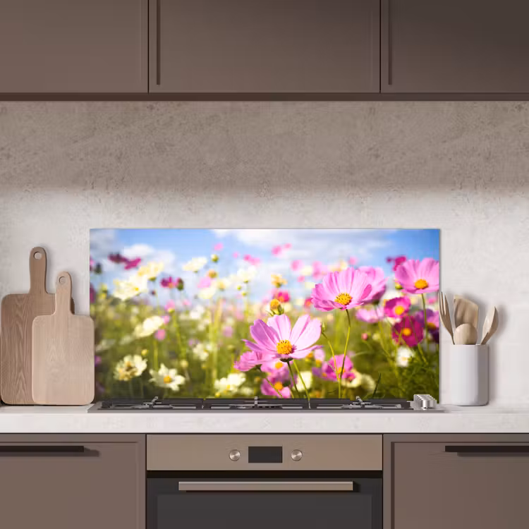 Bloemen - Wei - Paars - Gras - Wit - Wolken - Blauw keuken achterwand spatscherm middel -sfeer2