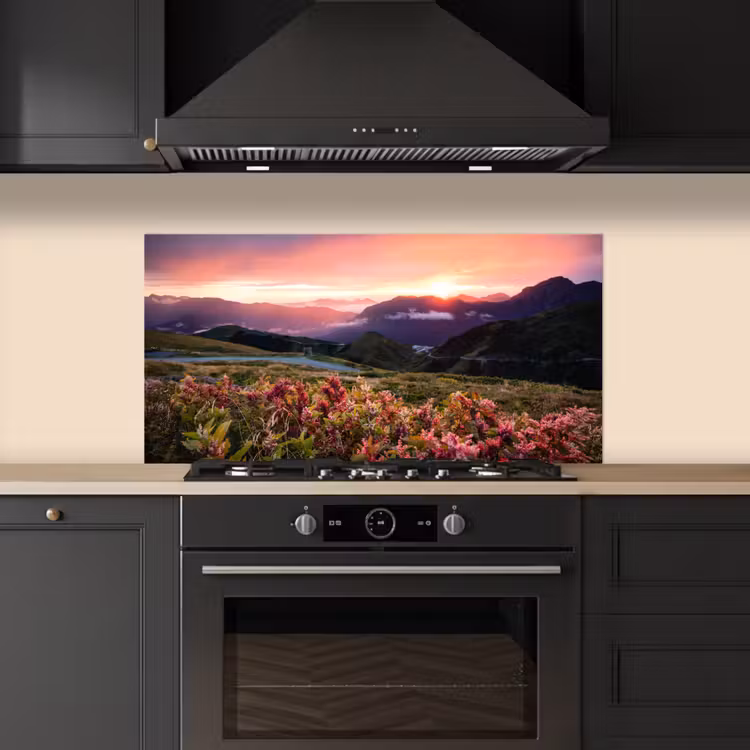 Bloemen - Bergen - Landschap - Nacht - Lucht - Roze keuken achterwand spatscherm middel -sfeer1