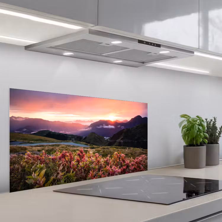 Bloemen - Bergen - Landschap - Nacht - Lucht - Roze keuken achterwand spatscherm middel -3d_schuin