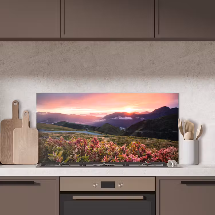 Bloemen - Bergen - Landschap - Nacht - Lucht - Roze keuken achterwand spatscherm middel -sfeer2
