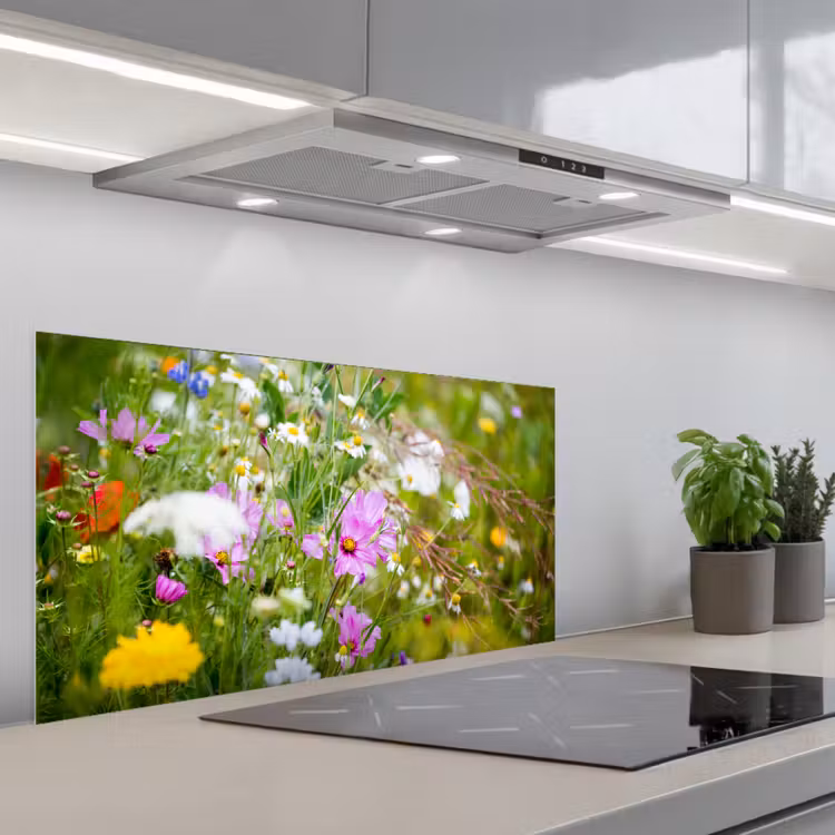 Bloemen - Natuur - Groen - Gras - Paars - Wit keuken achterwand spatscherm middel -3d_schuin