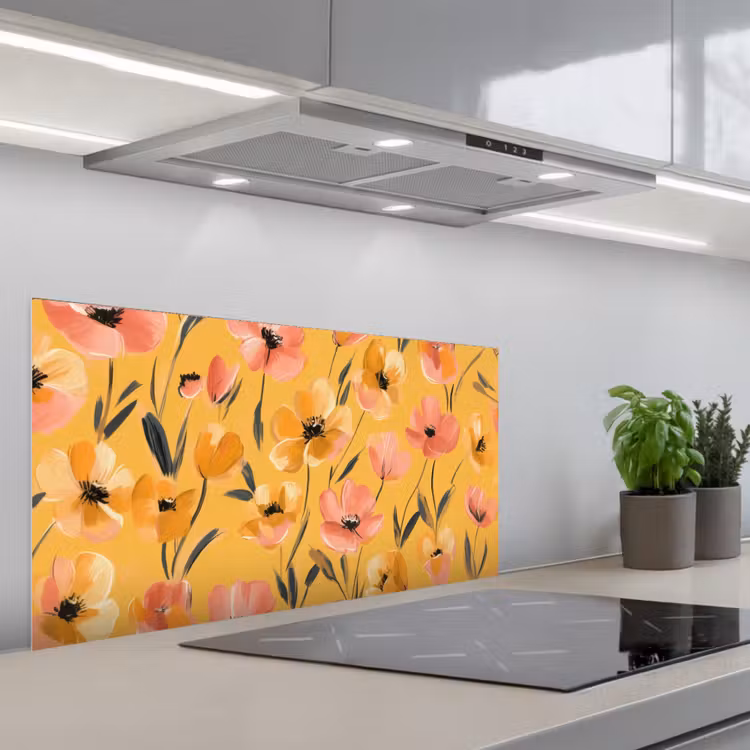 Bloemen - Geschilderd - Geel keuken achterwand spatscherm middel -3d_schuin