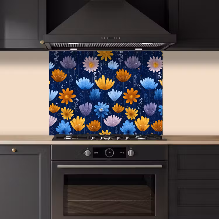Bloemen - Patroon - Blauw - Contrast keuken achterwand spatscherm middel -sfeer1