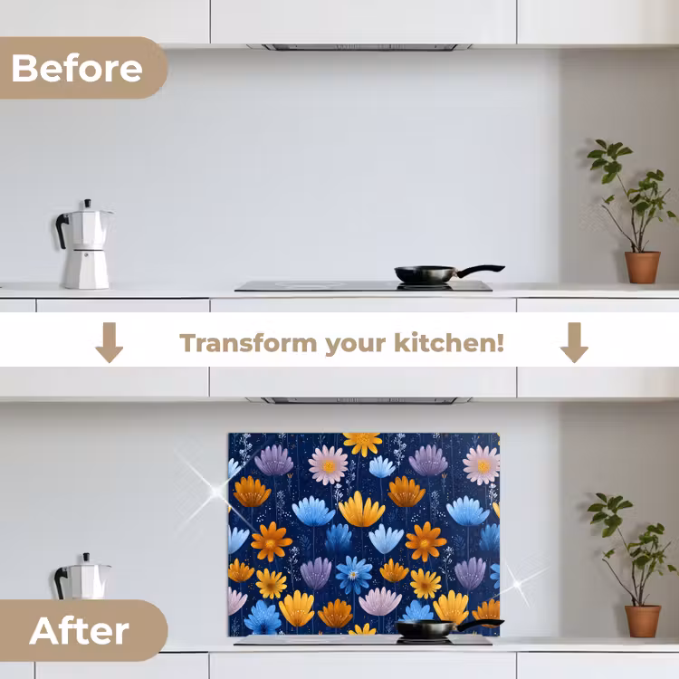 Bloemen - Patroon - Blauw - Contrast keuken achterwand spatscherm middel -voor_na_EN