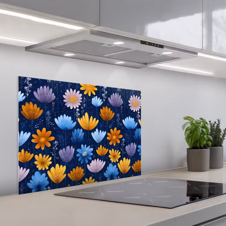 Bloemen - Patroon - Blauw - Contrast keuken achterwand spatscherm middel -3d_schuin