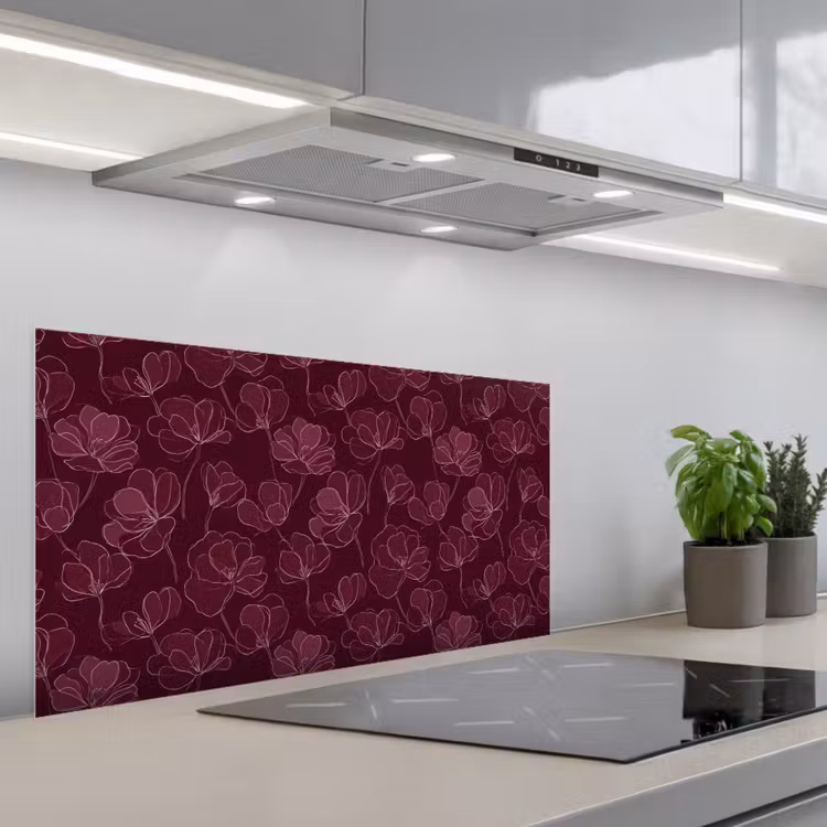 Bloemen - Patroon - Bordeauxrood keuken achterwand spatscherm middel 899 -3d_schuin