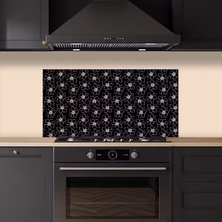Bloemen - Patroon - Wit - Zwart keuken achterwand spatscherm middel 899 -sfeer1