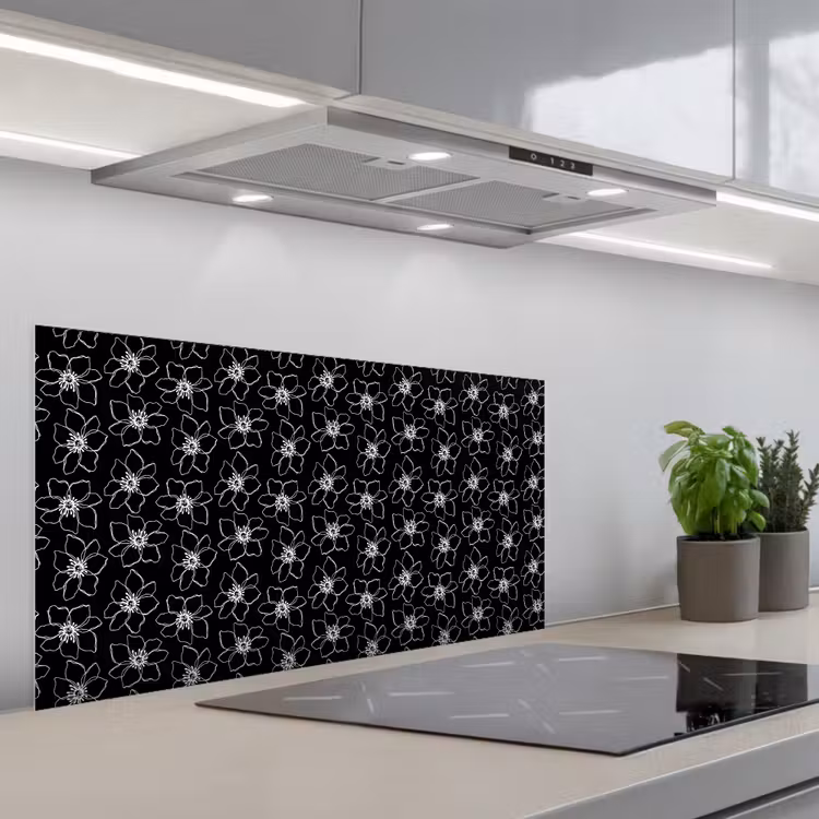 Bloemen - Patroon - Wit - Zwart keuken achterwand spatscherm middel 899 -3d_schuin