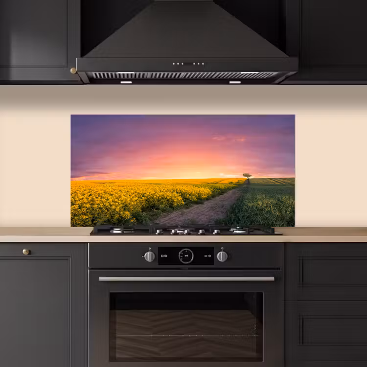 Bloemen - Weg - Lucht - Geel - Paars - Zonsondergang - Natuur keuken achterwand spatscherm middel -sfeer1