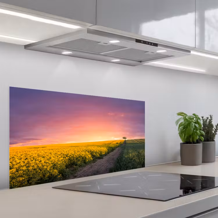 Bloemen - Weg - Lucht - Geel - Paars - Zonsondergang - Natuur keuken achterwand spatscherm middel -3d_schuin