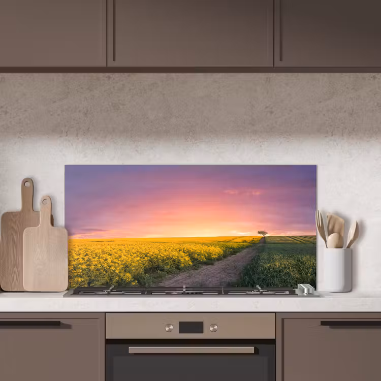Bloemen - Weg - Lucht - Geel - Paars - Zonsondergang - Natuur keuken achterwand spatscherm middel -sfeer2
