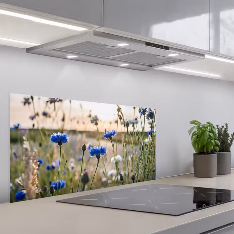Bloemen - Zomer - Korenbloem - Blauw - Zon - Wolken keuken achterwand spatscherm middel -3d_schuin
