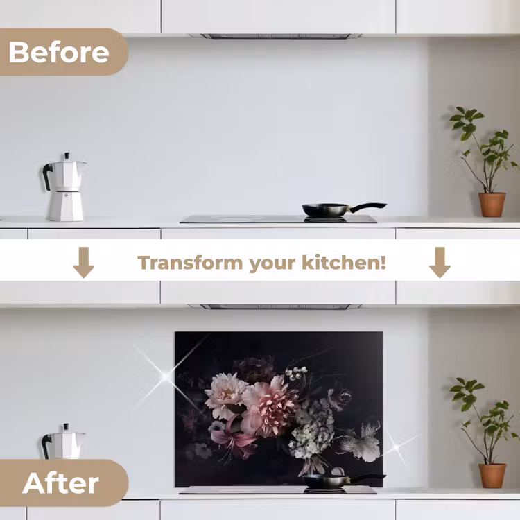 Bloemen - Vintage - Pastel - Zwart - Boeket keuken achterwand spatscherm middel -voor_na_EN