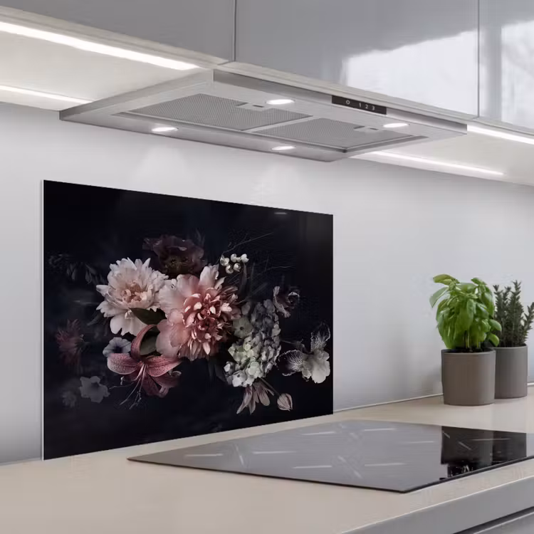 Bloemen - Vintage - Pastel - Zwart - Boeket keuken achterwand spatscherm middel -3d_schuin