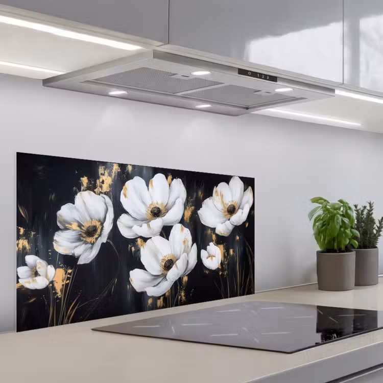 Bloemen - Wit - Abstract keuken achterwand spatscherm middel -3d_schuin