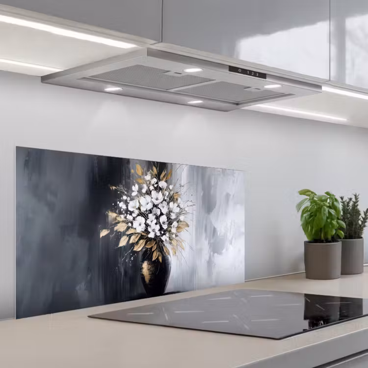 Bloemen - Wit - Vaas - Abstract keuken achterwand spatscherm middel -3d_schuin