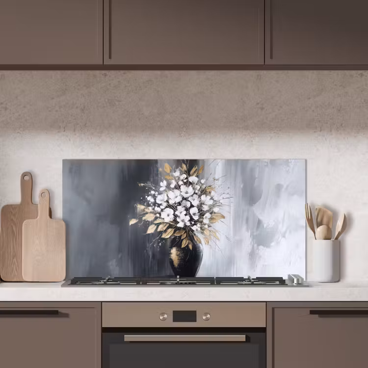 Bloemen - Wit - Vaas - Abstract keuken achterwand spatscherm middel -sfeer2