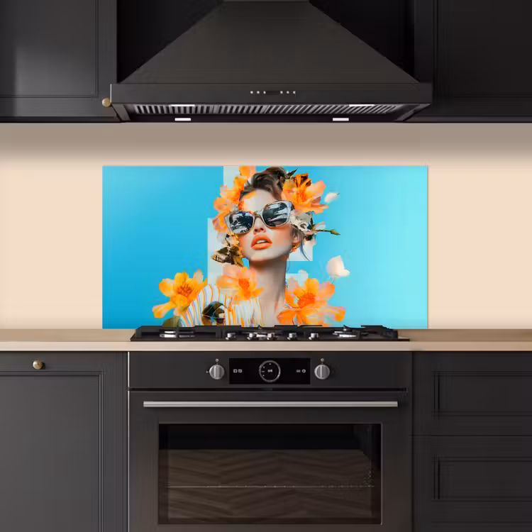 Bloemen - Vrouw - Zonnebril - Blauw keuken achterwand spatscherm middel -sfeer1