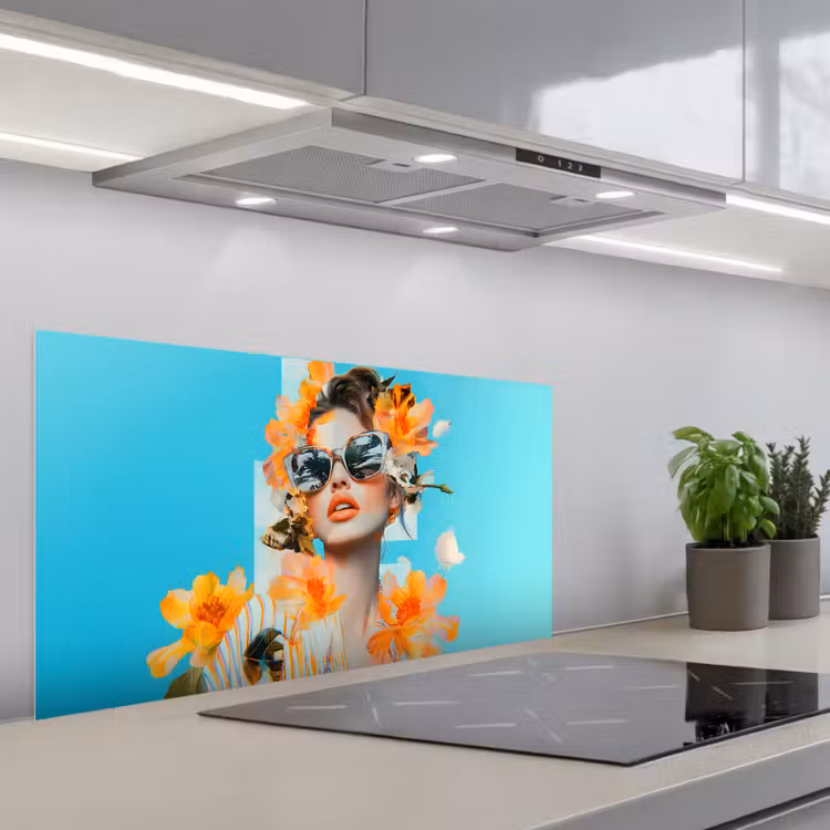 Bloemen - Vrouw - Zonnebril - Blauw keuken achterwand spatscherm middel -3d_schuin