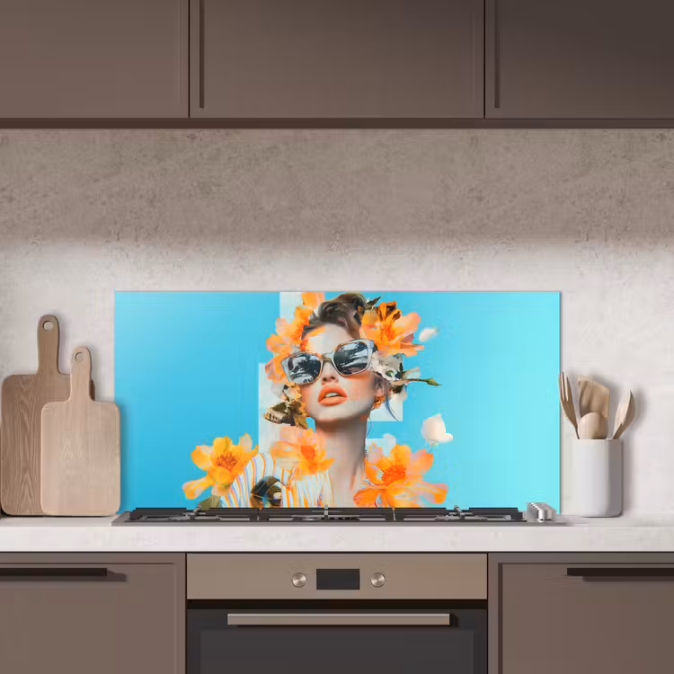 Bloemen - Vrouw - Zonnebril - Blauw keuken achterwand spatscherm middel -sfeer2