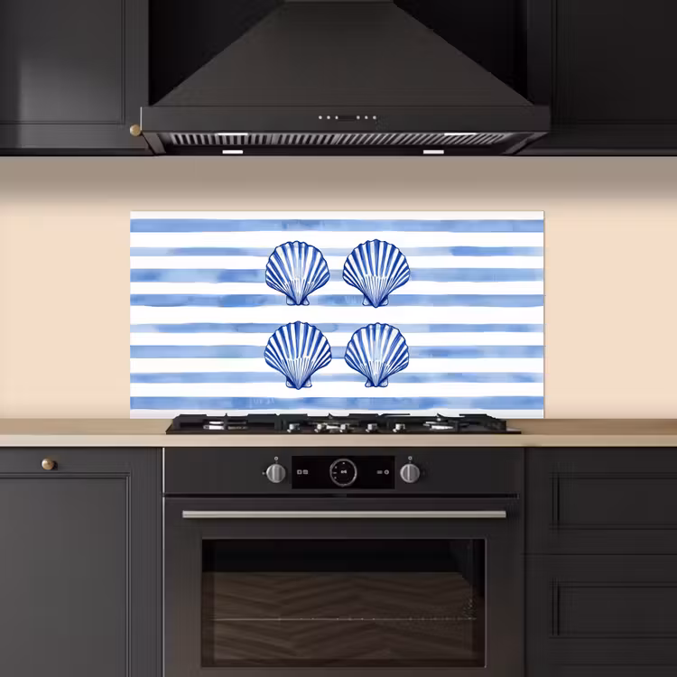 Vier schelpen - Blauw - Wit - Strepen keuken achterwand spatscherm middel -sfeer1