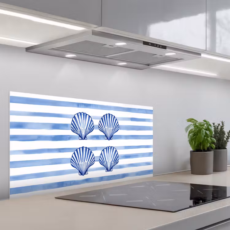 Vier schelpen - Blauw - Wit - Strepen keuken achterwand spatscherm middel -3d_schuin