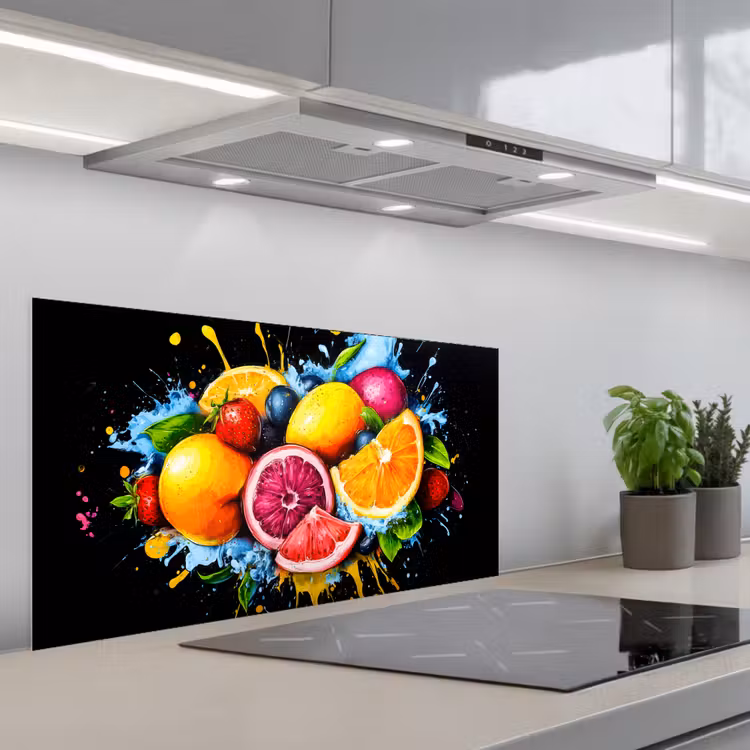 Fruit - Graffiti - Kleurrijk - Sinaasappel - Aardbei - Abstract keuken achterwand spatscherm middel -3d_schuin