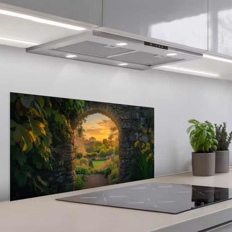 Poort - Planten - Zonsondergang keuken achterwand spatscherm middel -3d_schuin