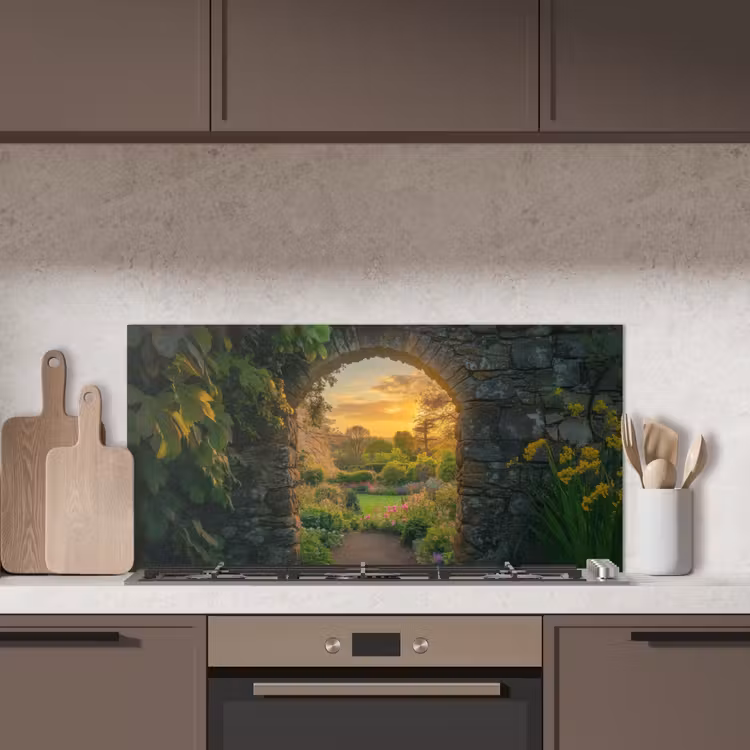 Poort - Planten - Zonsondergang keuken achterwand spatscherm middel -sfeer2