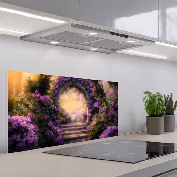 Poort - Paars - Bloemen keuken achterwand spatscherm middel -3d_schuin