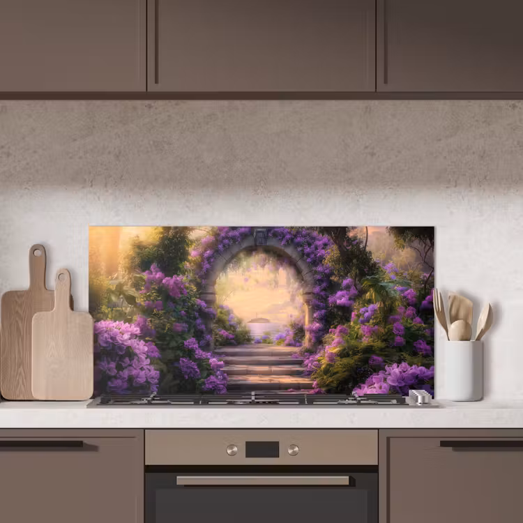 Poort - Paars - Bloemen keuken achterwand spatscherm middel -sfeer2