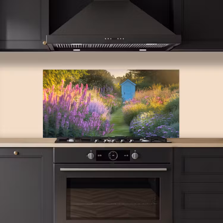 Tuinhuisje - Blauw - Bloemen keuken achterwand spatscherm middel -sfeer1