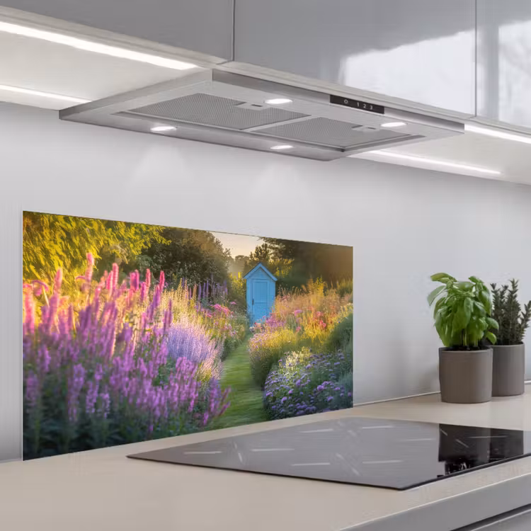 Tuinhuisje - Blauw - Bloemen keuken achterwand spatscherm middel -3d_schuin