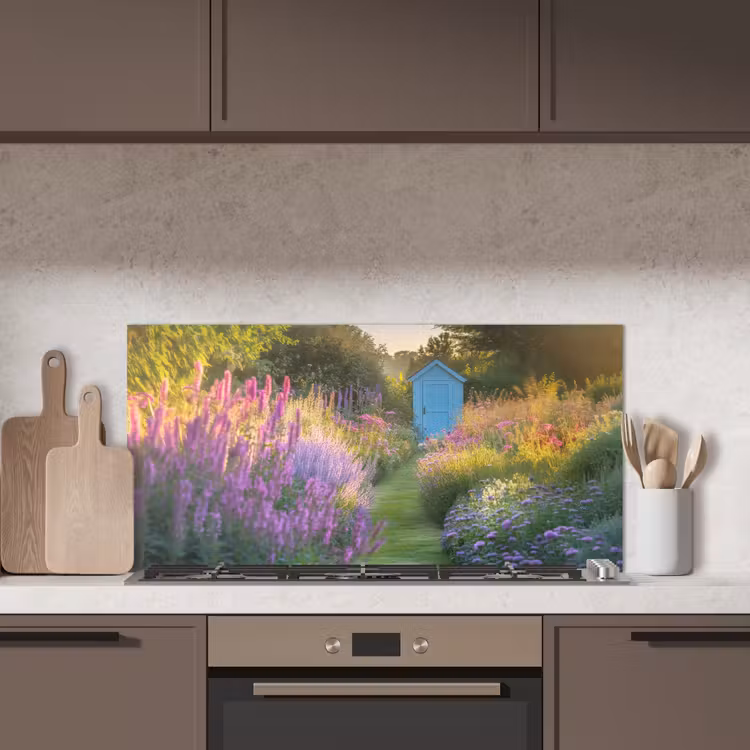 Tuinhuisje - Blauw - Bloemen keuken achterwand spatscherm middel -sfeer2