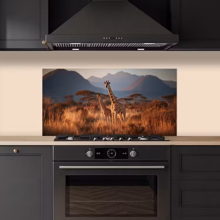 Giraffen - Hoog gras - Acaciabomen keuken achterwand spatscherm middel -sfeer1